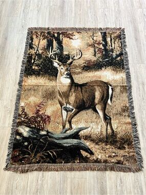 Vintage Picken 93 Buck Deer Woodland Woven Tapestry Throw Blanket
